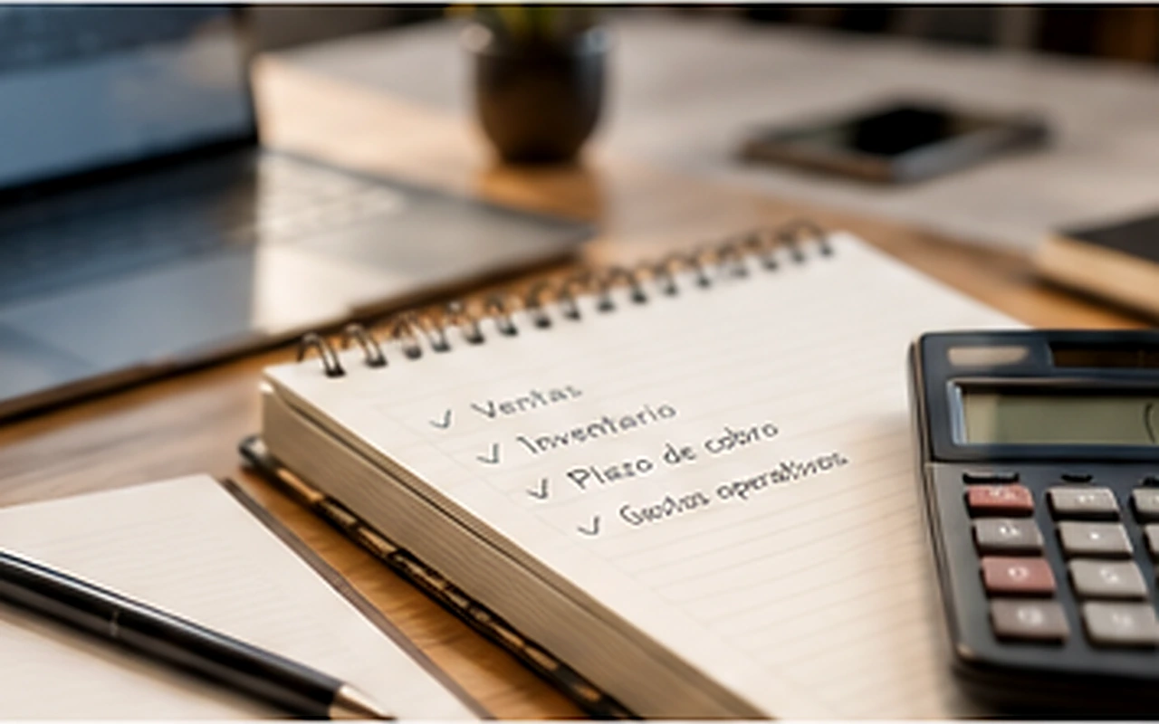 Calculadora y cuaderno con variables de capital de trabajo sobre un escritorio.