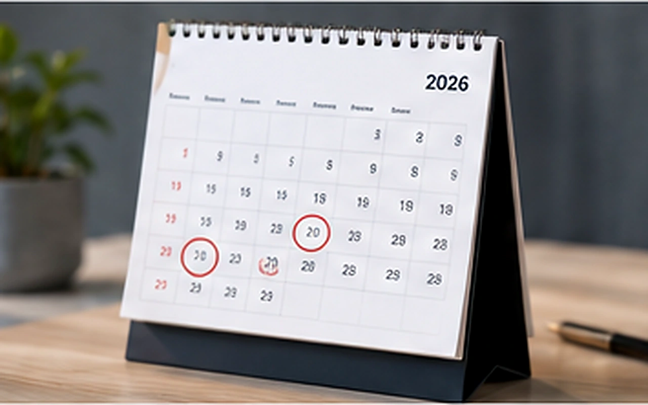 Calendario de escritorio con fechas de obligaciones empresariales marcadas.