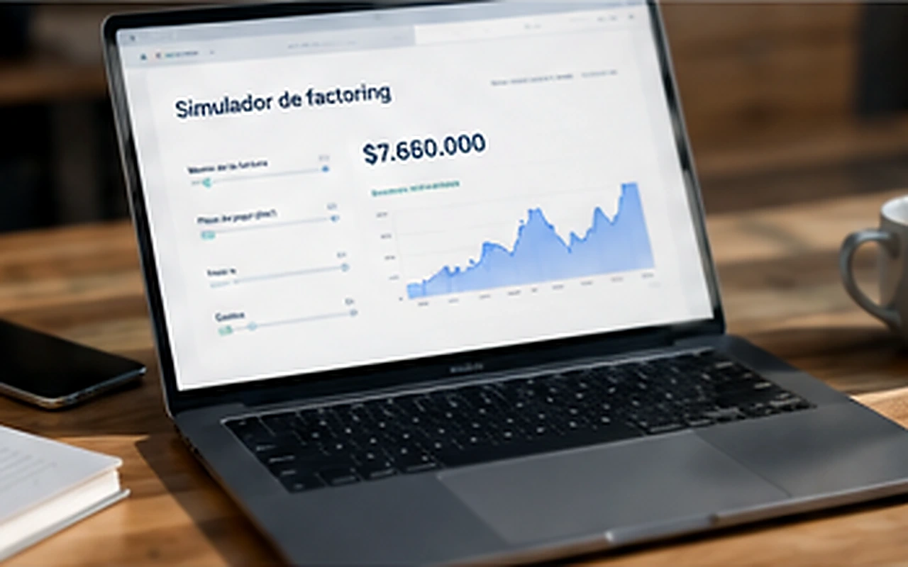 Computador mostrando un simulador de factoring sobre un escritorio.